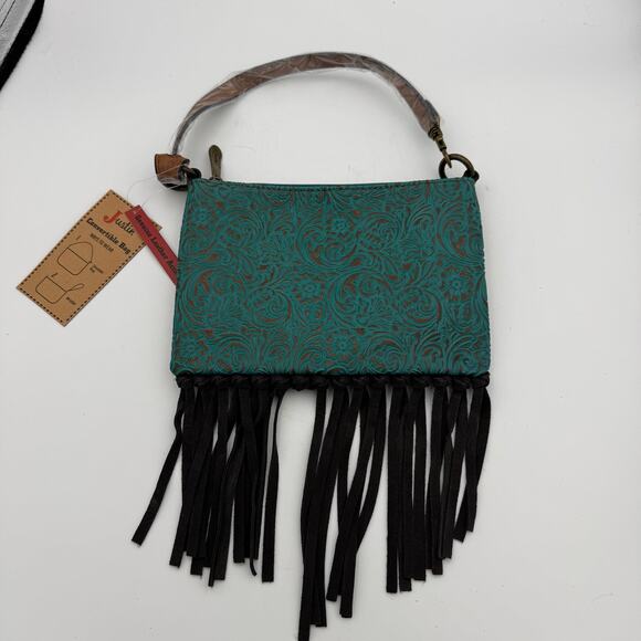 American Darling Turquoise Tooled Leather Fringe Bag NWT Western Crossbody - Picture 1 of 9